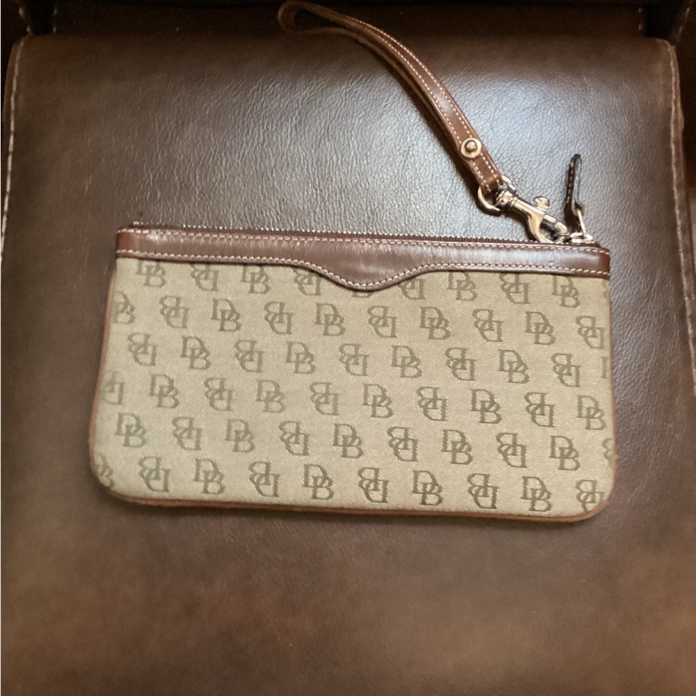 Dooney & Bourke Tan and Brown Logo Wristlet
